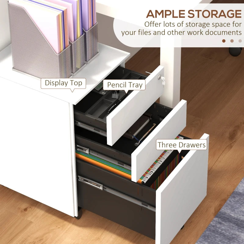 White 3-Drawer Steel Filing Cabinet with Lock and Wheels