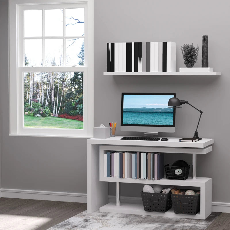White L-Shaped Rotating Corner Desk with Storage Shelf