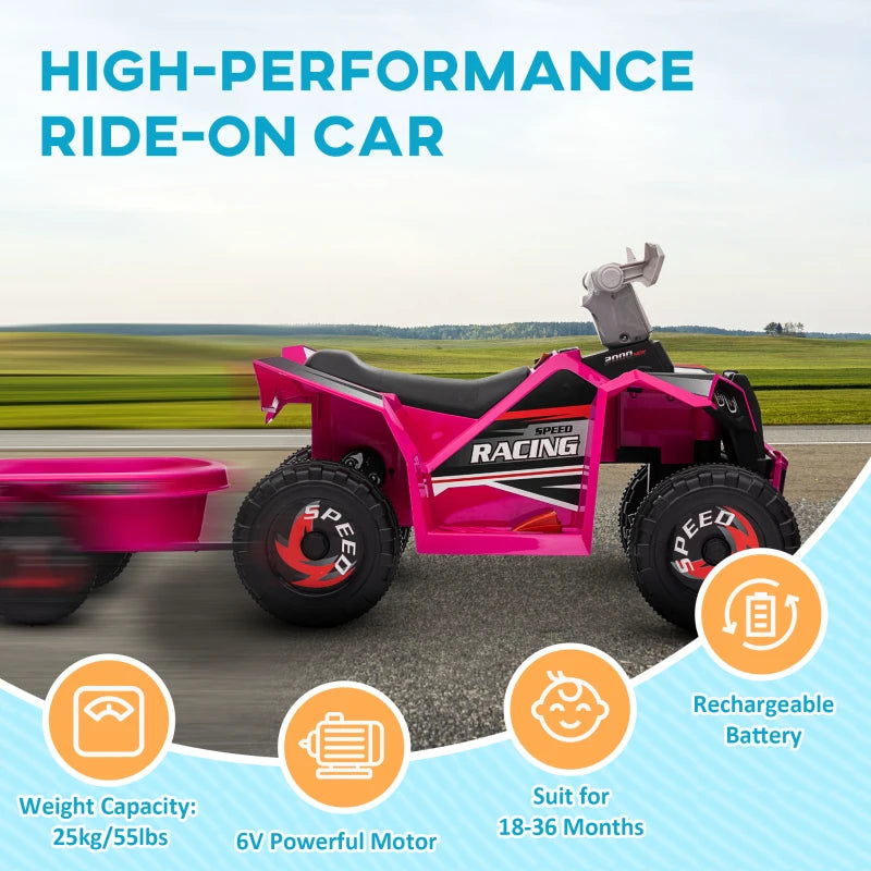 Pink 6V Quad Bike with Back Trailer for Toddlers 18-36 Months