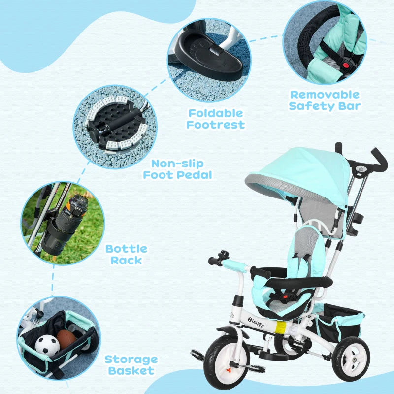 Green 6-in-1 Kids Trike with Push Handle & Canopy