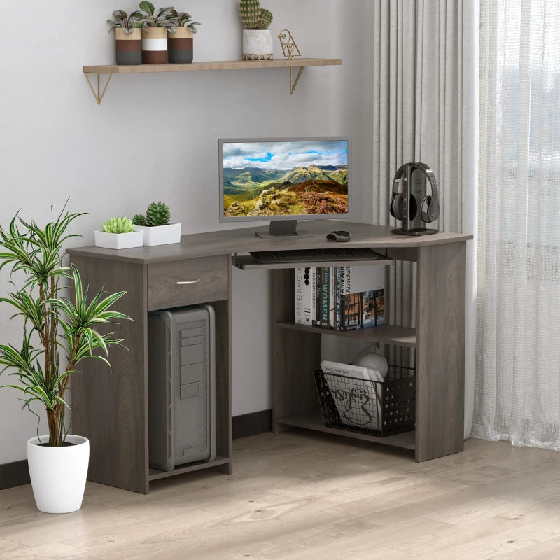 Grey L-Shaped Computer Desk with Shelves & Drawer