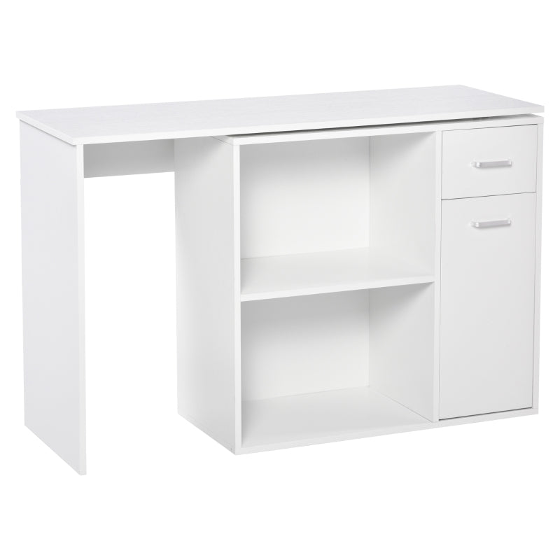 White L-Shaped Computer Desk with Storage Shelf and Drawer