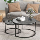 Round Industrial Nesting Coffee Table Set, Faux Marbled Top, Steel Frame, 2-Piece, Black