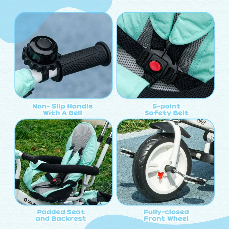 Green 6-in-1 Kids Trike with Push Handle & Canopy