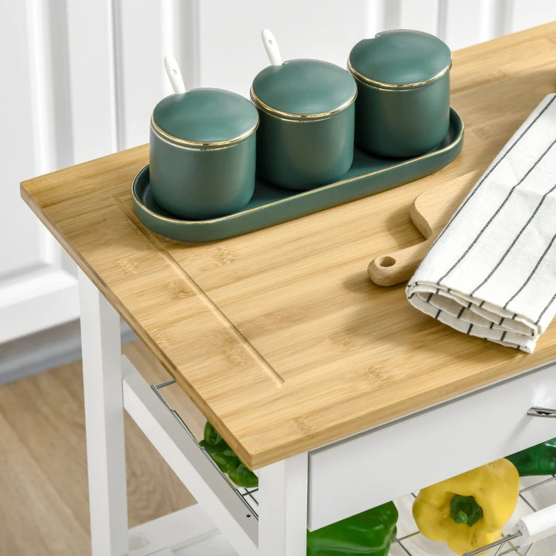 White Rolling Kitchen Island Trolley with Bamboo Top and Storage