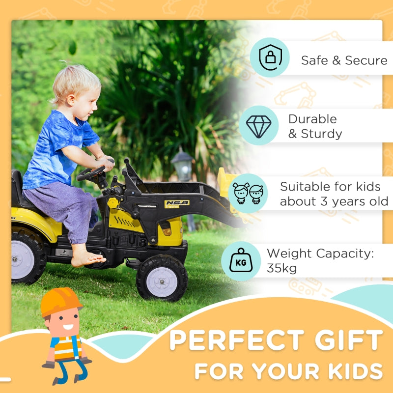 Yellow Pedal Go Kart Excavator with Front Loader for Kids 3+