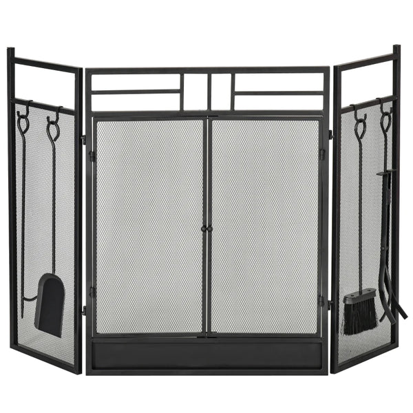 Black 3-Panel Fireplace Screen Set with Tools, Steel Mesh Guard & Double Door, 122x80 cm
