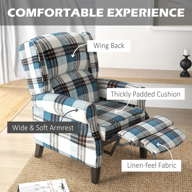 Blue Wingback Reclining Armchair with Footrest - Wood Legs