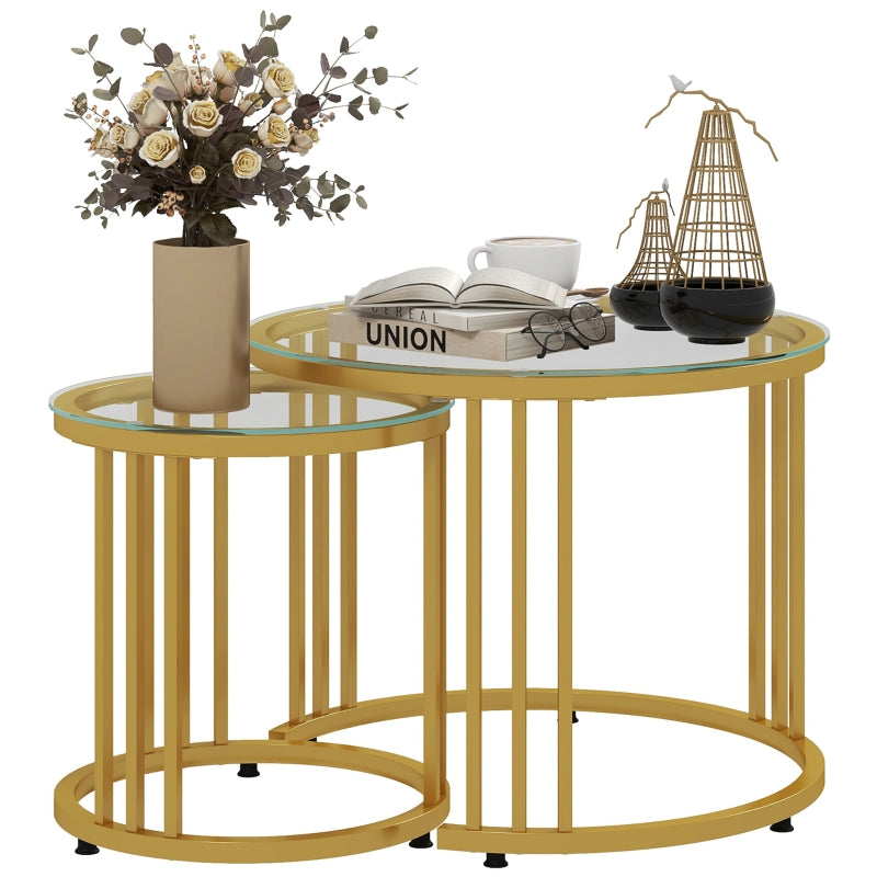 Gold Tone Round Glass Coffee Tables Set of 2, Steel Frame, 60cmx60cmx47cm
