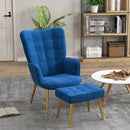 Modern Dark Blue Velvet Armchair with Ottoman Set