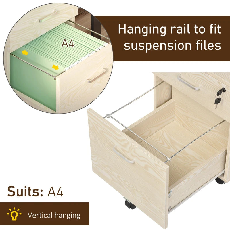 Oak Wood Grain 2-Drawer Locking Filing Cabinet with Wheels