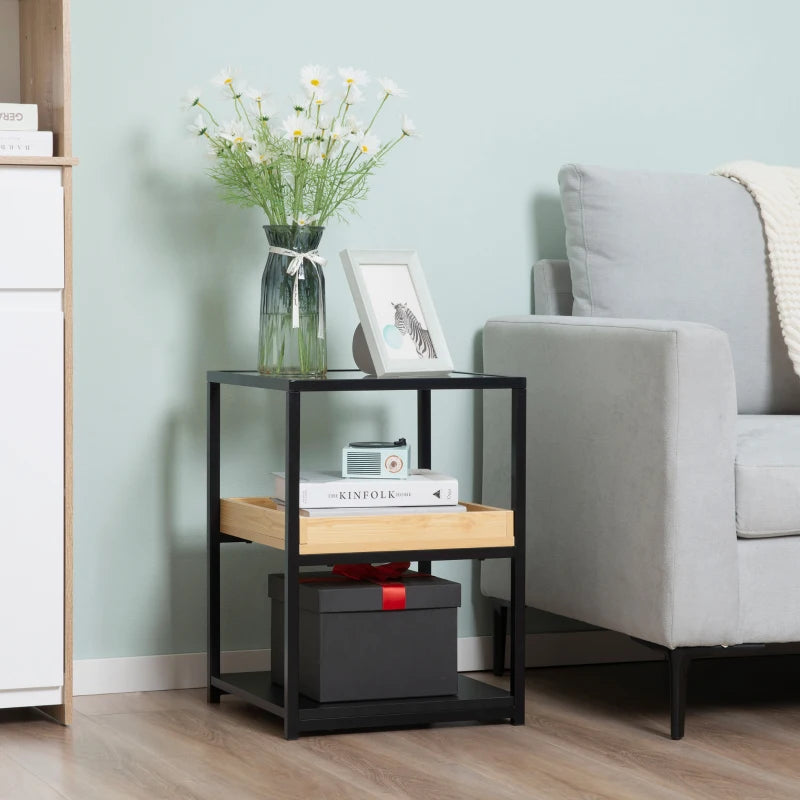 Black Glass 3-Tier Side Table with Storage Shelves