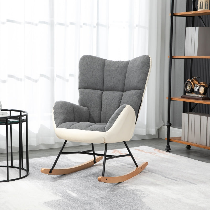 Grey and Cream Upholstered Rocking Chair for Nursery and Living Room