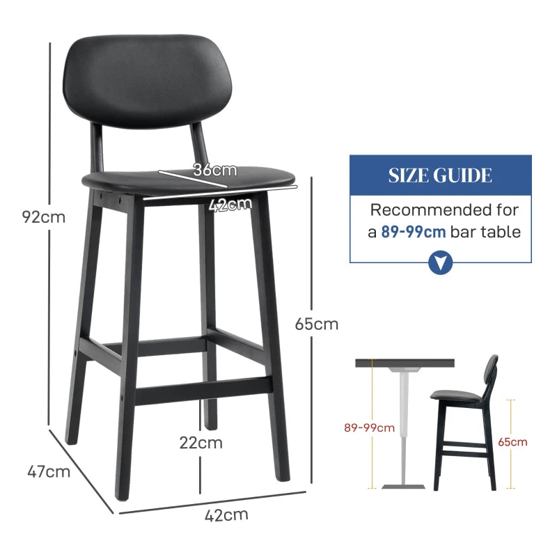 Black Wooden Bar Stools with Faux Leather Seats - Set of 2