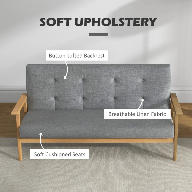 Dark Grey 3-Seat Linen Fabric Tufted Sofa with Rubberwood Legs