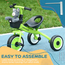 Green Kids Trike with Adjustable Seat, Basket & Bell - Ages 2-5