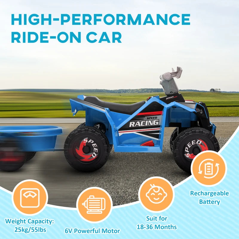 Blue 6V Quad Bike with Back Trailer for Toddlers 18-36 Months