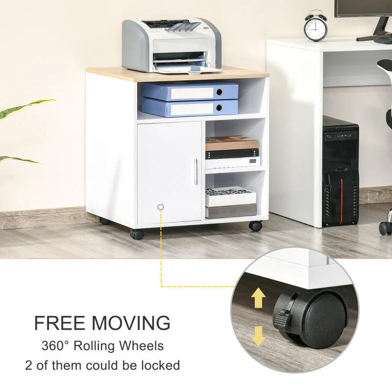 Oak Mobile Printer Stand with Storage - Modern Office Desk Unit
