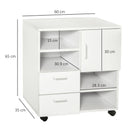 White Mobile Printer Stand with Shelves and Drawers, Printer Table on Wheels - 60x35x65cm