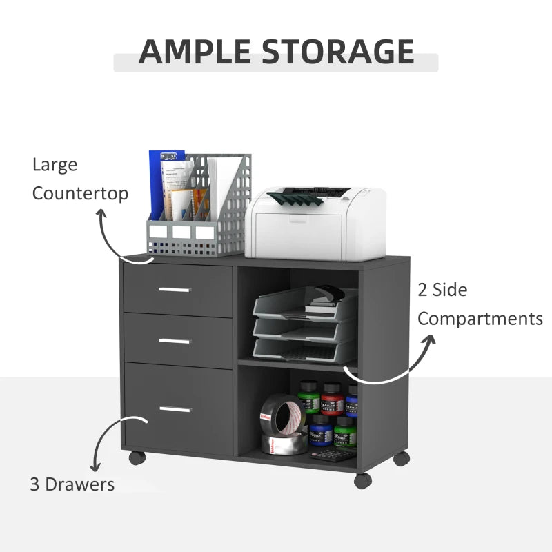 Grey Mobile Printer Stand with 3 Drawers and 2 Shelves - Modern Office Storage