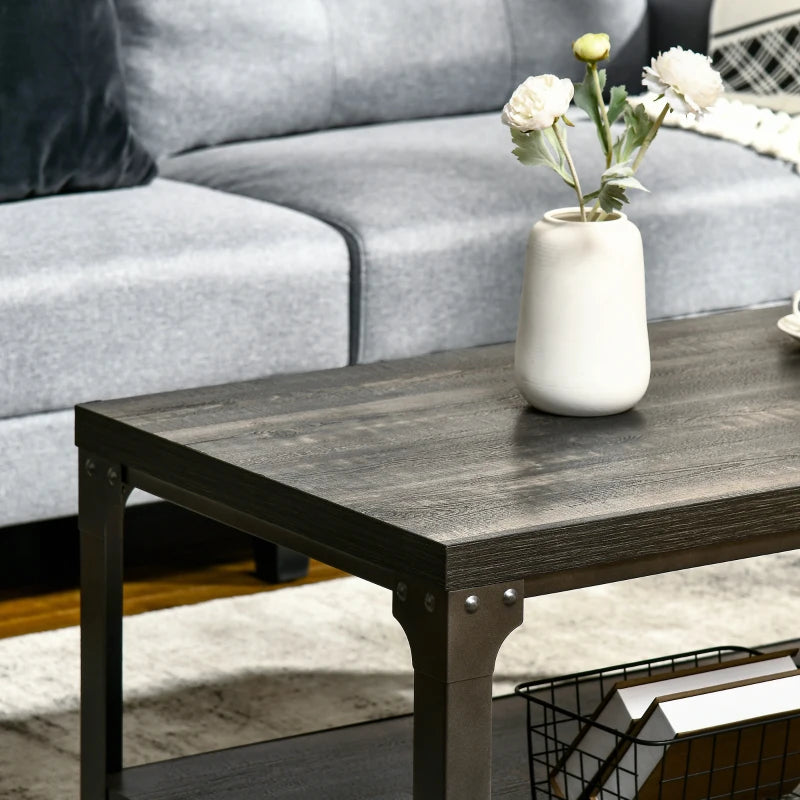 Rustic Dark Walnut Coffee Table with Storage Shelf and Steel Frame