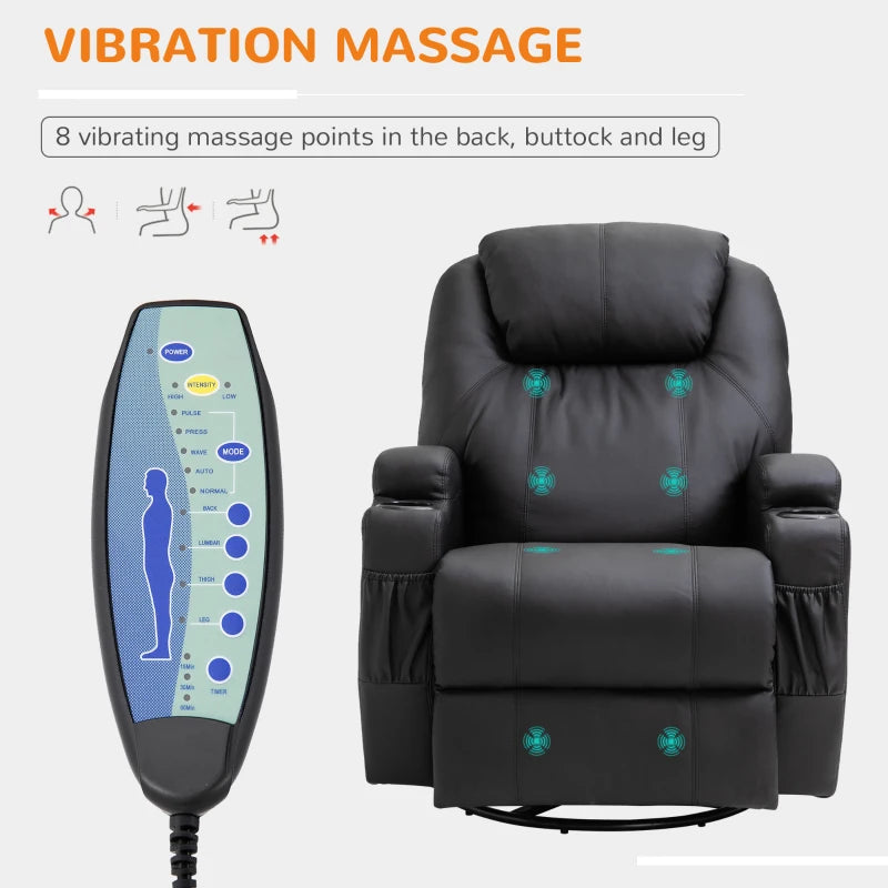 Black Swivel Recliner Armchair with Massage and Drink Holders