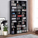 Black Wooden Media Storage Shelf with 10 Adjustable Shelves