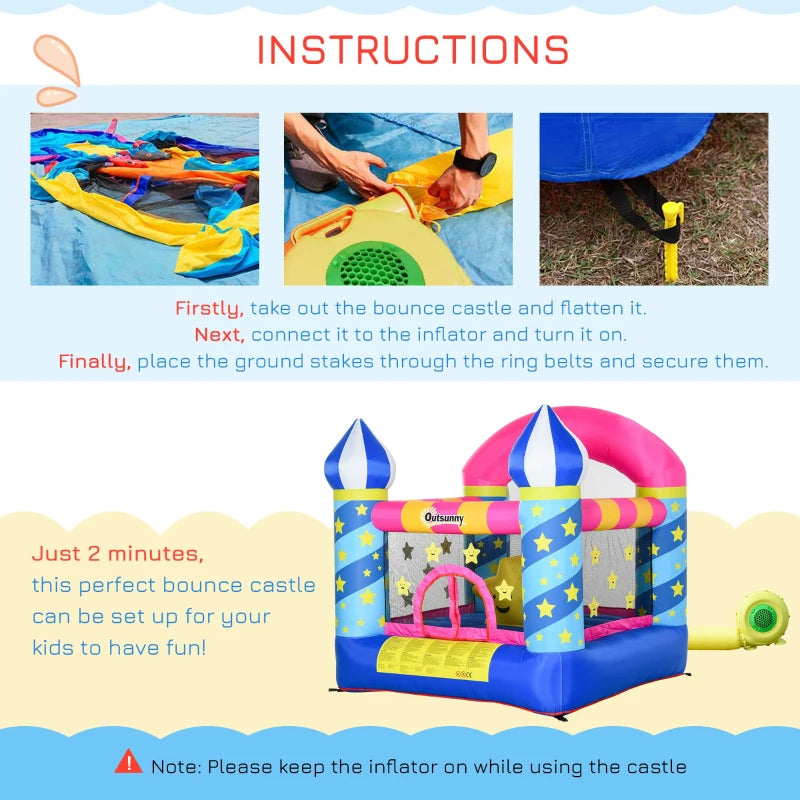 Kids Blue Inflatable Bouncy Castle Trampoline with Blower, Ages 3-8, Stars Design