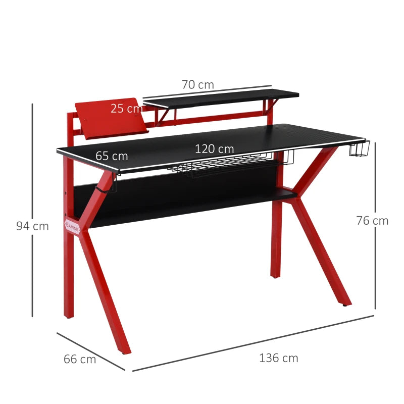 Red Gaming Desk with Monitor Stand and Accessories, 120cm