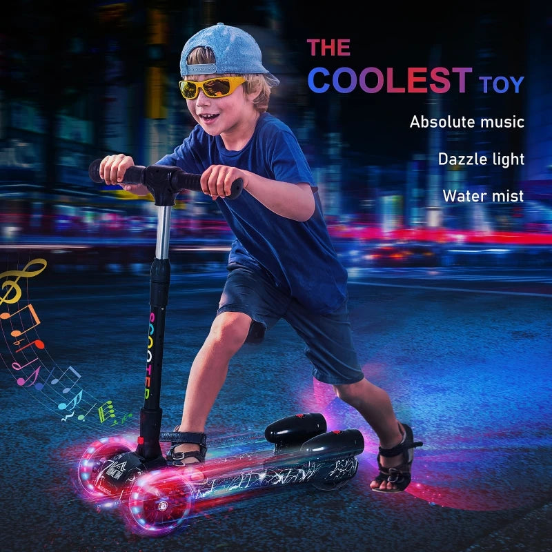 Black Kids 3-Wheel Scooter with Adjustable Height and Engine-Look Water Spray
