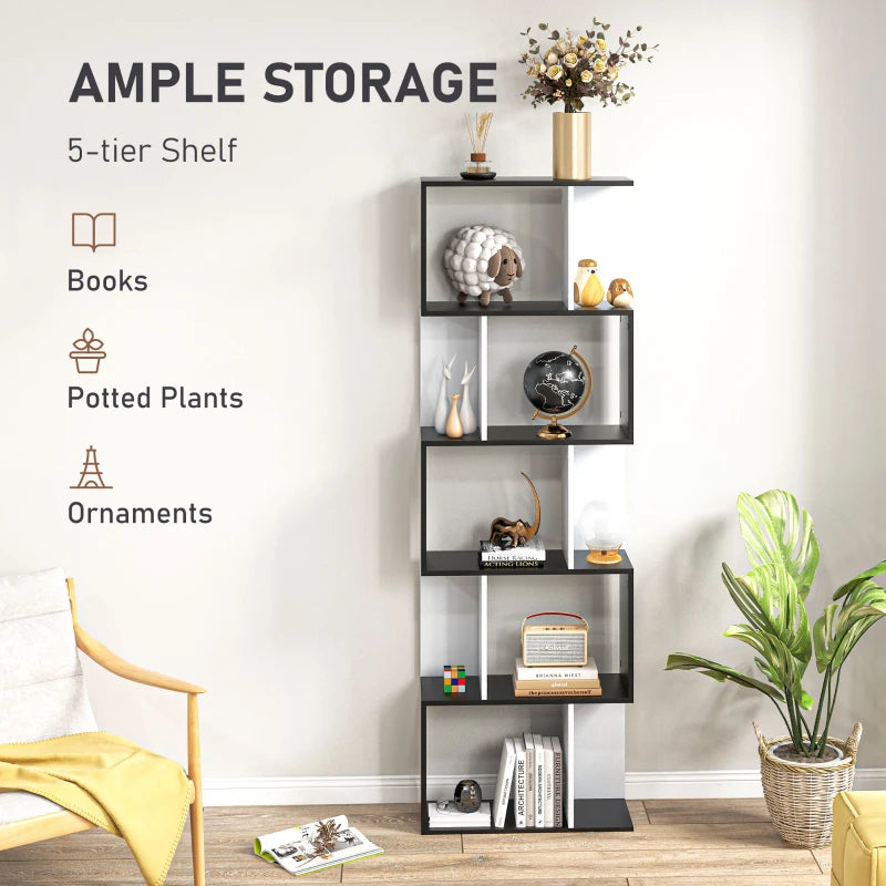 Black 5-Tier S-Shaped Bookcase Shelving Unit