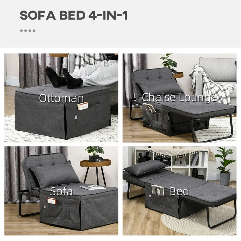 Charcoal Grey Fabric Sleeper Chair with Adjustable Backrest and Side Pockets