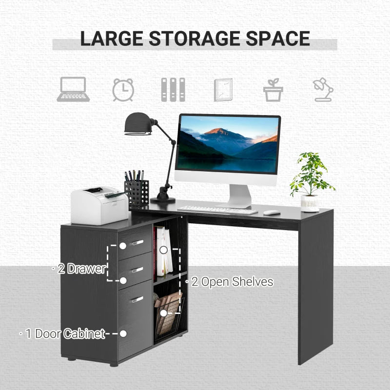 Black L-Shaped Corner Desk with Drawers and Storage Shelves