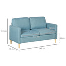 Blue Fabric Two Seater Sofa with Wood Legs and Pockets