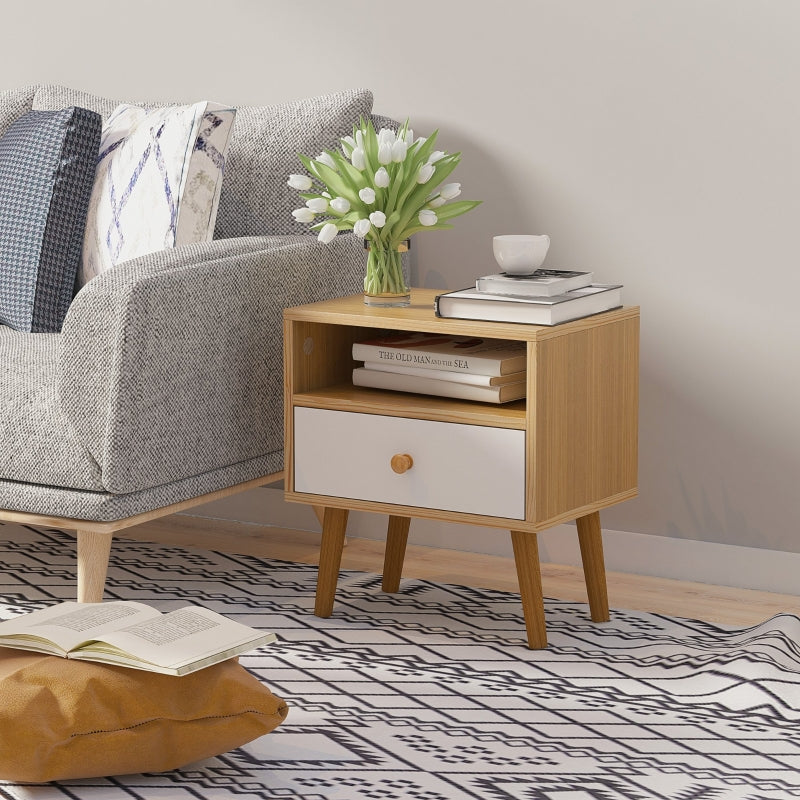 Natural Wood Bedside Table with Drawer and Shelf