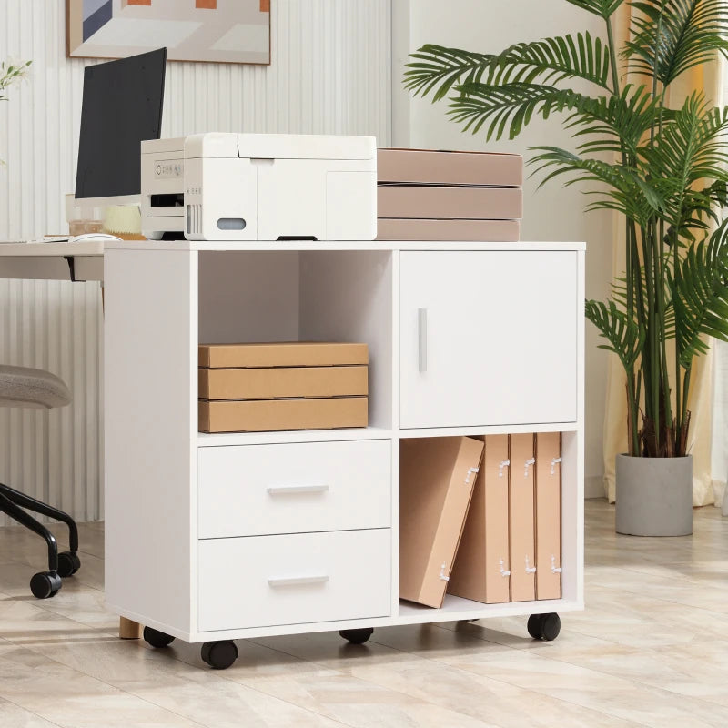 White Printer Stand with Shelves, Drawers & Compartment, Mobile Office Table
