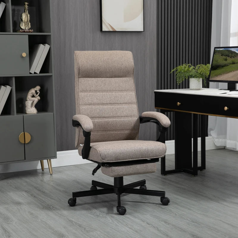 Brown Linen High-Back Swivel Office Chair with Footrest