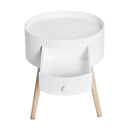White Round Side Table with Drawer and Wood Legs