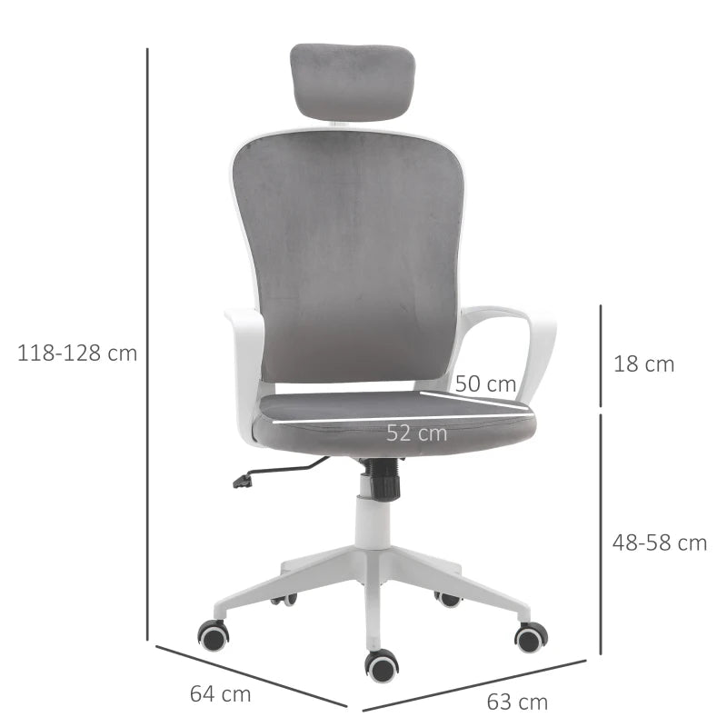 Grey Velvet Ergonomic Office Chair with Adjustable Headrest