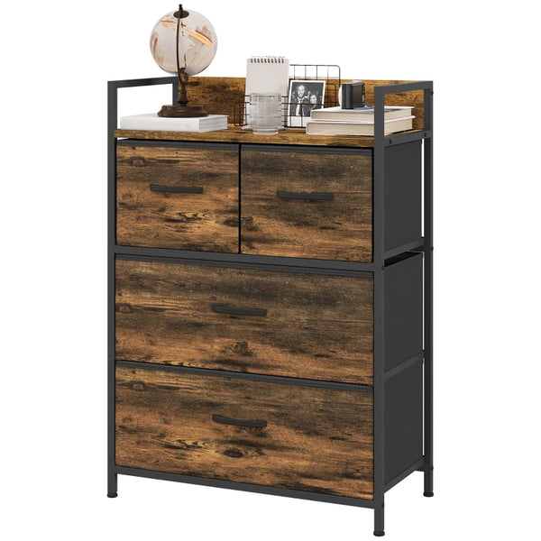 Rustic Brown Wood Effect 4-Drawer Fabric Chest