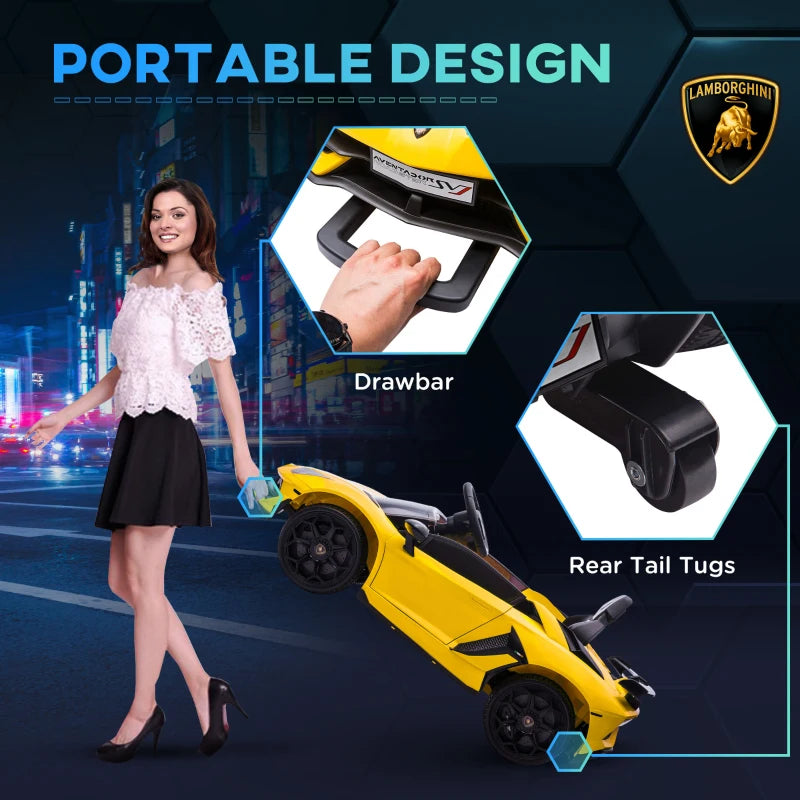Yellow 12V Kids Electric Car with Butterfly Doors, Remote Control, Music, Horn, Suspension
