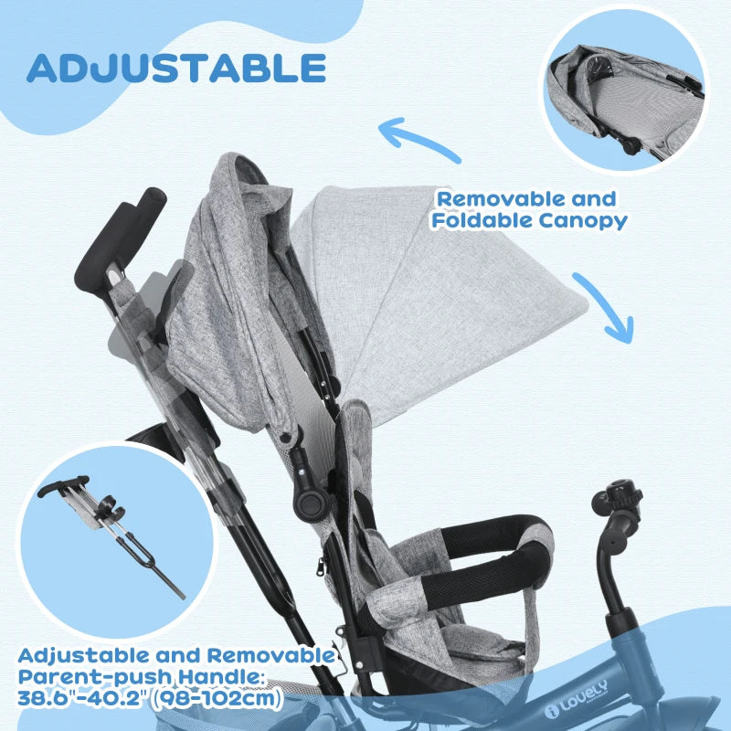 Grey 6-in-1 Kids Trike with Push Handle, Canopy, Safety Belt, Storage & Brake