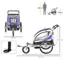 Child Bike Trailer Purple 360° Rotatable for 2 Kids Steel Frame LED Hitch