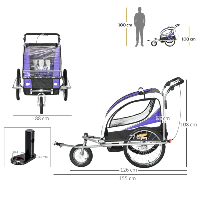 Child Bike Trailer Purple 360° Rotatable for 2 Kids Steel Frame LED Hitch