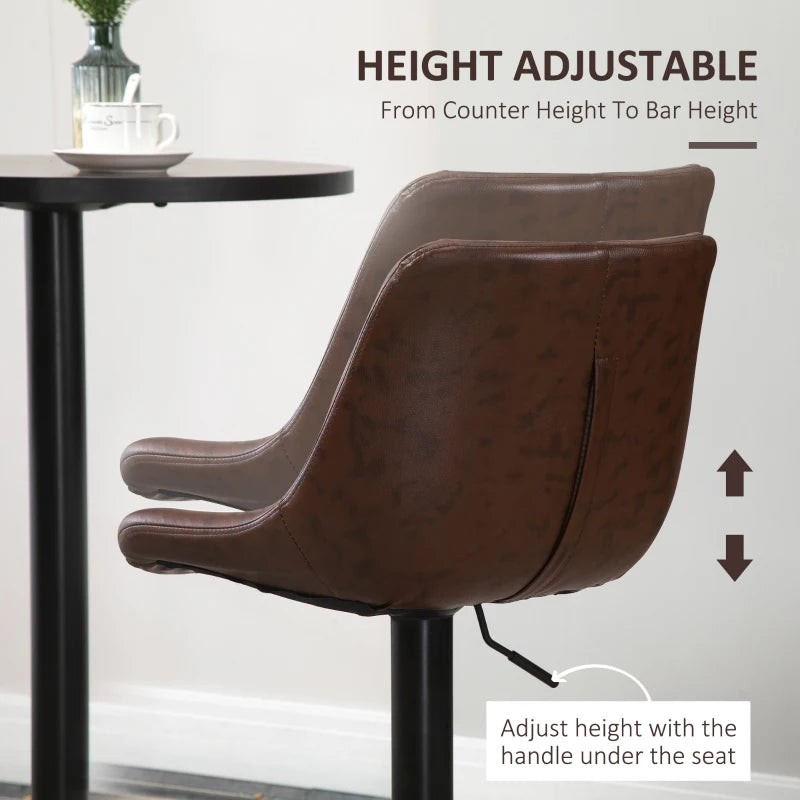 Brown Swivel Bar Stools Set of 2, Modern Kitchen Height Barstools in PU Leather