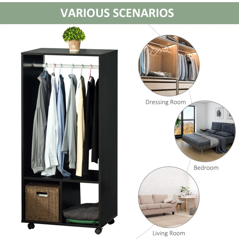 Black Mobile Wardrobe with Clothes Rail and Shelves