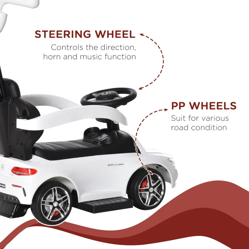 White Toddler 3-in-1 Ride-On Push Car with Canopy & Horn