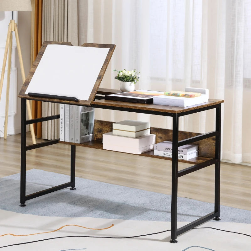 Adjustable Drafting Table with Tiltable Tabletop and Storage Shelf, Rustic Brown