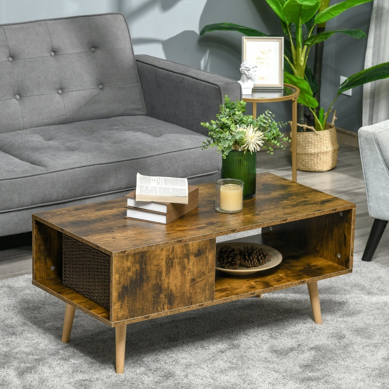 Rustic Brown Coffee Table with Open Storage Shelves and Solid Wood Legs