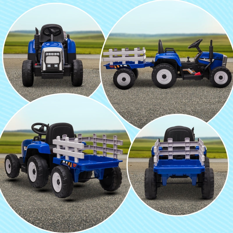 Blue Ride-On Tractor with Detachable Trailer, Remote Control & Music